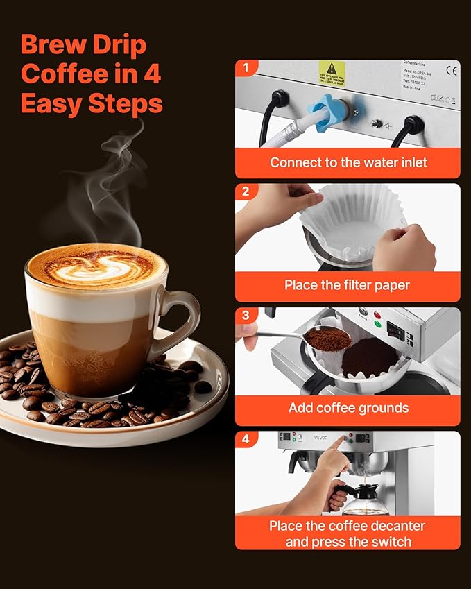 VEVOR Commercial Drip Coffee Maker, 24 Cups Coffee-Maker Machine with 4 Glass Carafes and 4 Decanter Warmer Plates, Stainless Steel Dual-Head Coffee Brewer, for Restaurant, Office, Coffee Shop & Home