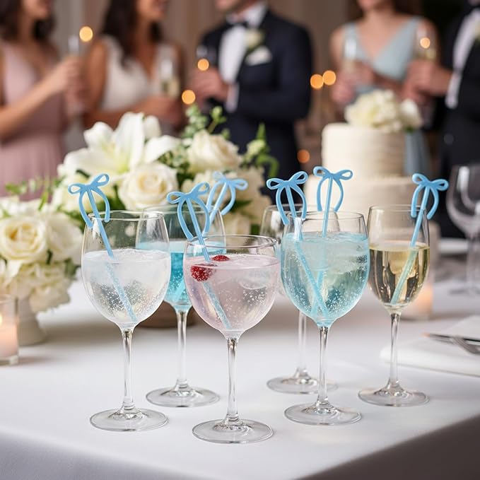30 Pcs 6 Inch Valentine Party Stirrers, Bow Stir Sticks Coffee Stirrers Reusable Plastic Swizzle Sticks for Wedding Birthday Bridal Cocktail Decorations Galentines Supplies(Blue)