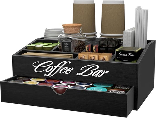 Suli Coffee Bar Station Organizer,Extra Large Wooden Countertop Pods Holder with Drawer,Storage for Condiment Syrup Tea Cups,Rustic Bar Decor for Accessories Organizer (2 Tiers 11 Compartments)-Black