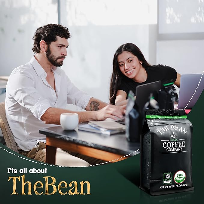 The Bean Organic Coffee Company Water Processed DECAF California Blend, Medium Roast, Ground Coffee, 16-Ounce Bag, Café Molido Tostado Orgánico descafeinado