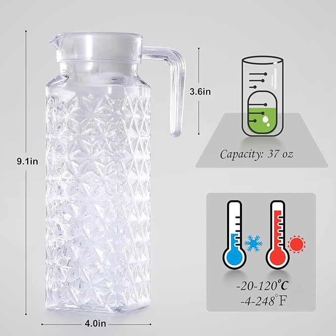 Acrylic Pitcher 37 oz, OEH Unbreakable Clear Plastic Pitcher with Lid, BPA-Free, Heat-Resistant Small Plastic Water Pitcher for Tea, Sangria, Lemonade, Juice, Milk, Diamond