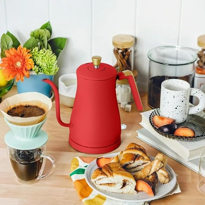 Electric Gooseneck Kettle 1 Liter 1200W, Stainless Steel, Pour Over Coffee Tea, Auto Shut-Off, 360° Cordless Power Base (Tomato Red)