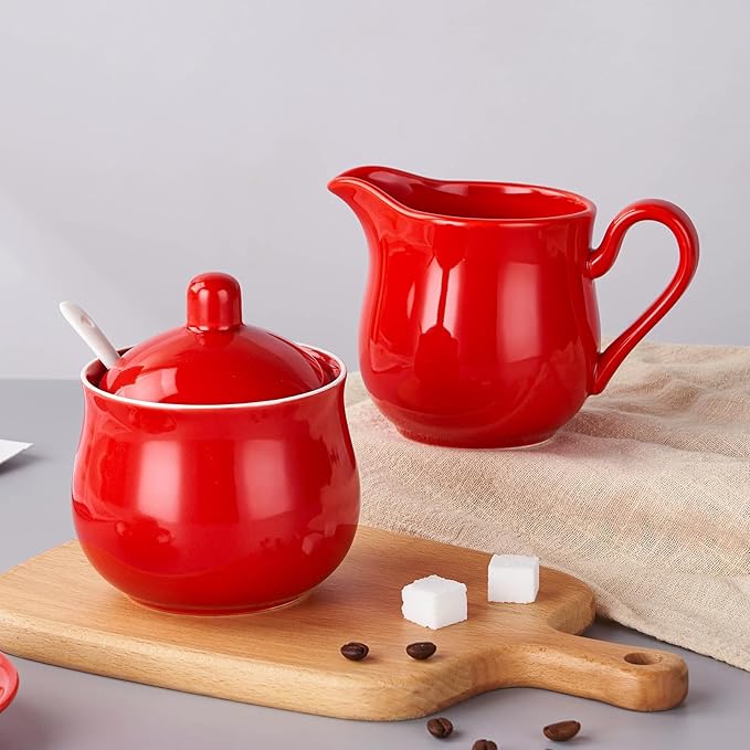 12 OZ Ceramic Sugar and Creamer Set, Coffee Serving Set, 3 Piece Cream Pitcher Sugar Bowl with Lid and Spoon (Red)
