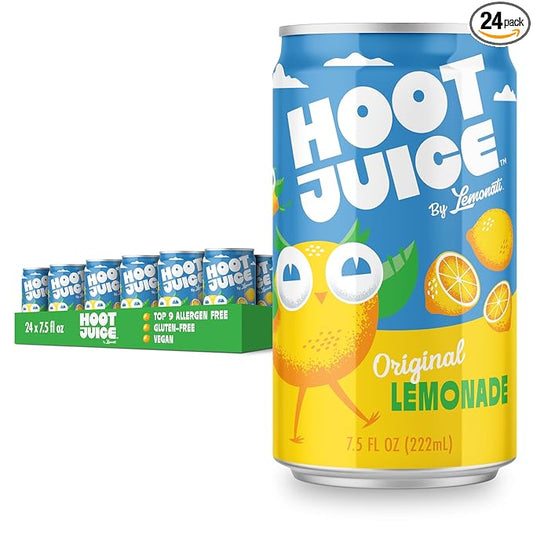 Hoot Juice Lemonade By Lemonati, No Artificial Sweeteners or Flavors, Gluten-Free, Kosher, Non-GMO, Vegan, 7.5 Fl Oz Mini-Cans, Pack of 24, Original Lemonade