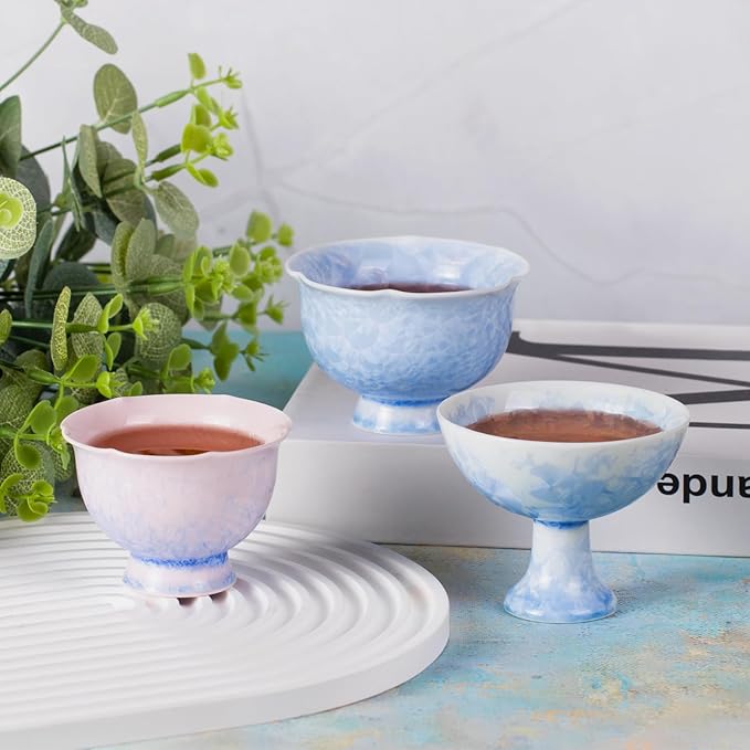 KAMMAK Ceramic Tea & Coffee Cups Set of 2 - Vintage Crystalline Glaze Espresso Mugs, 3.2oz Hand Painted for Afternoon Tea or Coffee, Birthday Gift for Women Men, Flower-Mouth Cup