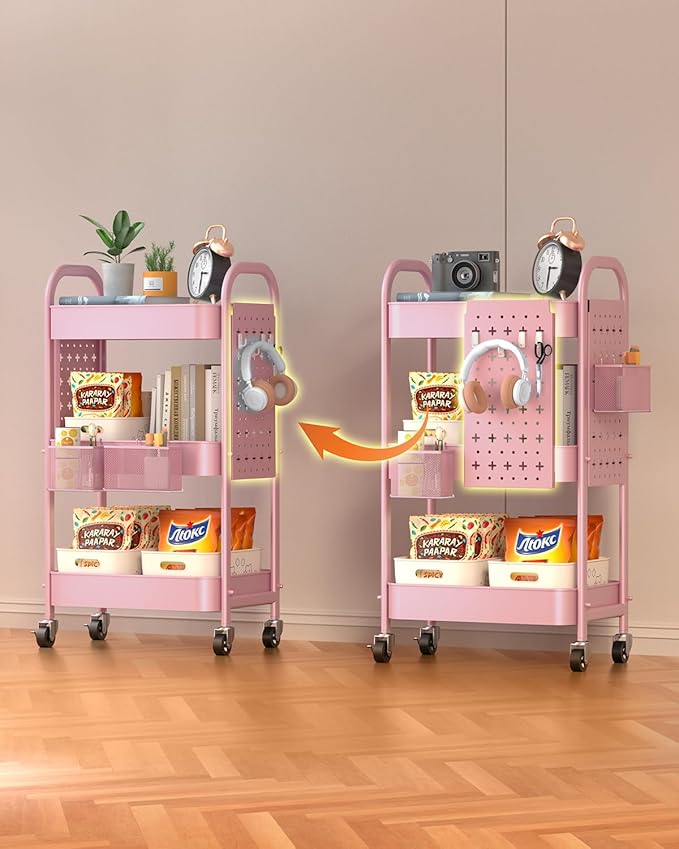 ALVOROG 3 Tier Rolling Cart with DIY Pegboards Metal Utility Cart with Wheels Handles Baskets Hooks, Craft Cart for Office Kitchen Bathroom(Cherry Blossom Pink)