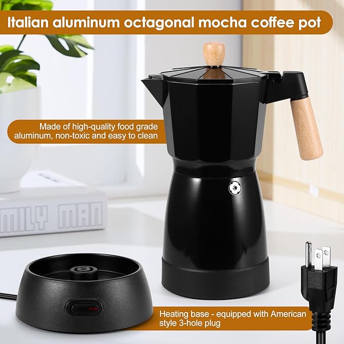 Electric Espresso Coffee Maker - 6 Cup Coffee Pot 300ml Electric Moka Pot, Portable Aluminum Cafeteras Electricas Italian Coffee Maker with Detachable Base, Coffee Machine, Gift for Coffee Lovers