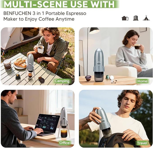 3 in 1 Portable Electric Espresso Machine On the Go with Detachable Coffee Stand, Car Coffee Maker Self-Heating with USB-C, For Travel Camping and Hiking With Ground Coffee & NES PRES*O/DG Pod