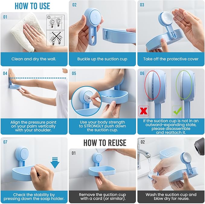 TAILI Soap Dish Bar Holder Suction Cup,Soap Saver with Powerful Vacuum Suction,Sponge Holder for Shower,Bathroom,Tub and Kitchen Sink, Universal Shower Accessories,Drill-Free,Removable,Blue