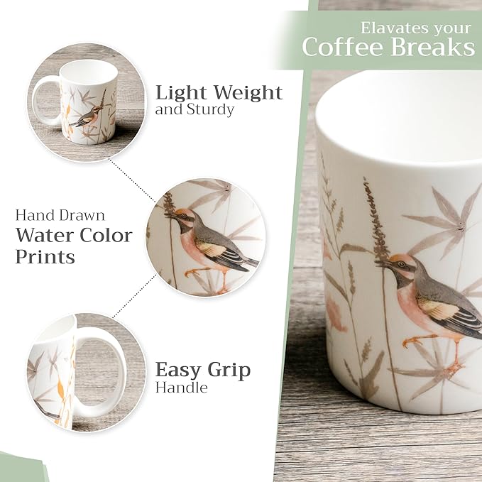 Maison d' Hermine Coffee Mug with Handles Fine Bone China Mugs Pack of One Tea Cups for Hot Beverages Cappuccino Latte Home Office Perfect for Gift (Meadow Florals - Beige Meadow Sunrise, 15 Ounce)