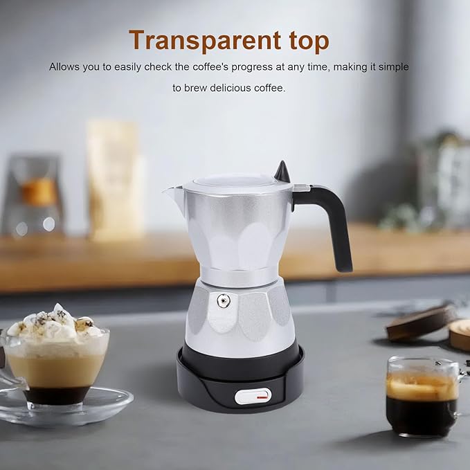 Electric Espresso Coffee Maker, 3 Cup Aluminum Italian Coffee Pot, Electric mokas Pot, Cuban Coffee Maker, Portable Mocha Pot Espresso Maker, Coffee Machine mokas Maker (Silver)