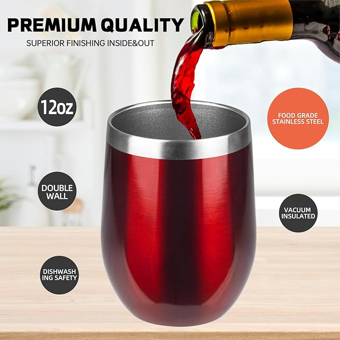 StarSpeed 12oz Wine Tumbler with lid, Stainless Steel Travel Mugs Stemless Double Wall Insulated Coffee Cup, Insulated Wine Glasses Travel Tumbler for Cold & Hot Drinks(Transparent Red, 1)