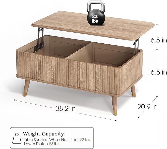 Lift Top Coffee Table with Storage,Natural Wood Center Table for Living Room, Modern Farmhouse Oak Fluted Design,Pop-Up Desk for Work & Dining