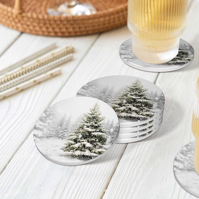 Winter Christmas Tree Pattern Coasters for Drinks Absorbent Round Ceramic Coasters Set of 4 Non-Slip Cup Coaster with Cork Base for Coffee Table Drink Home Decor Tabletop Protection