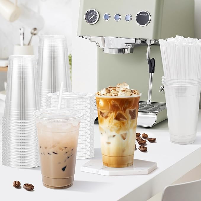 Clawsoff 100 Pack 20 oz Plastic Cups with Lids and Straws Sturdy Food Safe Iced Clear Coffee Cups Disposable Smoothie Cups for Cold Drinks