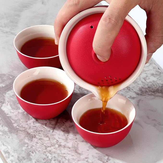 Porcelain Chinese Gongfu Tea Sets for Adults Ceramic japanese Tea Set Portable Kungfu Gaiwan Teapot and Cup Set Small Travel Teaset with Lid for Home Gifting Outdoor and Office (Red)