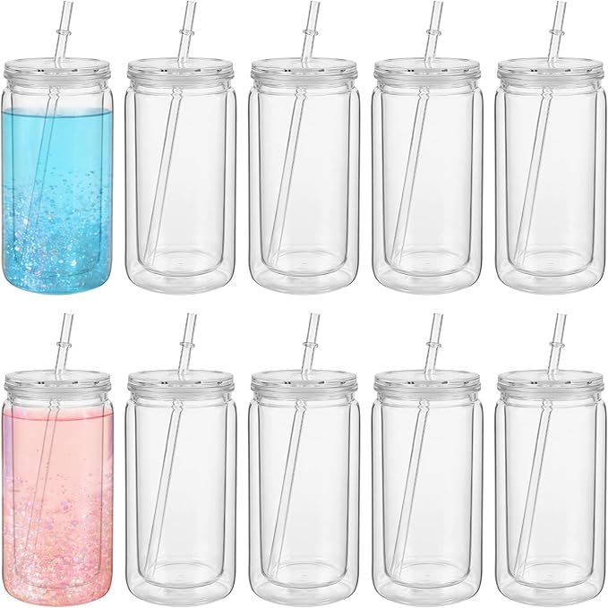 10 Pack 16oz Plastic Snow Globe Tumbler, Pre Drilled Double Wall Tumblers with Clear Lid and Straws Clear Snow Globe for Glitter DIY