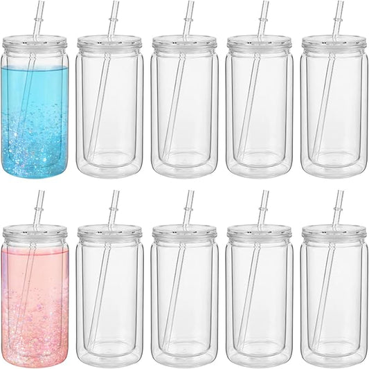 10 Pack 16oz Plastic Snow Globe Tumbler, Pre Drilled Double Wall Tumblers with Clear Lid and Straws Clear Snow Globe for Glitter DIY