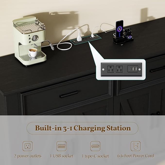 56" Large Wooden Buffet Cabinet with Storage, Modern Coffee Bar and Wine Bar, Wave Base Design, Multi-Purpose Buffet Table with Charging Station for Dining Room, Kitchen or Living Room, Black