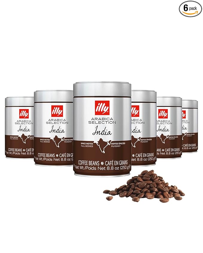 illy Whole Bean Coffee, India Single Origin Dark Roast, 100% Arabica, Premium Italian Coffee, Ideal for Espresso, Drip, Moka and French Press Brewing, 8.8oz, 6 Pack