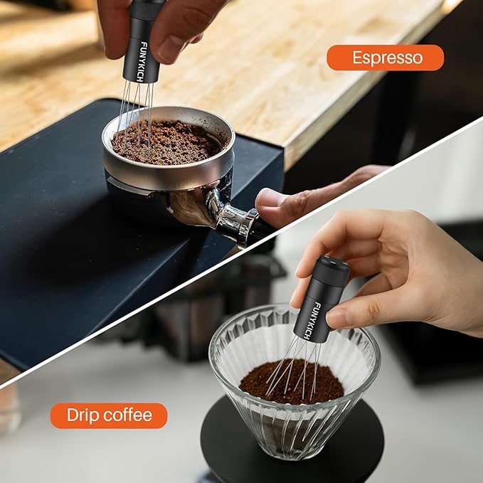 FUNYKICH WDT Tool Espresso Distribution Tool with Magnetic Stand for Barista, Adjustable Range Coffee Needle Stirrer, 304 Stainless Steel 8 Needles 0.4mm with 8 Extra Needles for Consistent Extraction