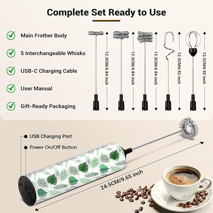 Milk Frother Handheld Rechargeable - 2-Speed Electric Whisk with 5 Detachable Heads (Frother/Mixer/Whisk) for Coffee, Latte, Cappuccino & Matcha, Drink Mixer (Flower 12)