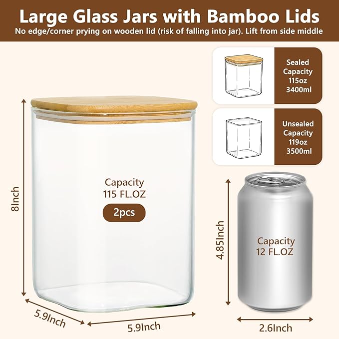 KEYWING 115oz Glass Food Storage Containers with Bamboo Lids, 2 Pack Large Square Airtight Glass Jars for Flour, Sugar, Cereal, Rice, Pasta & Coffee Beans