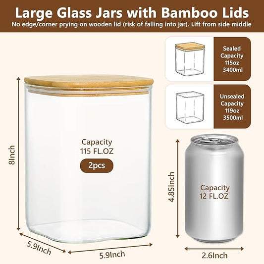 KEYWING 115oz Glass Food Storage Containers with Bamboo Lids, 2 Pack Large Square Airtight Glass Jars for Flour, Sugar, Cereal, Rice, Pasta & Coffee Beans