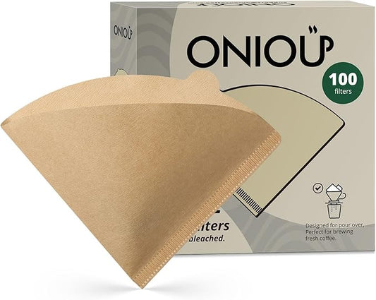 V60 Coffee Filters 02, ONIOU Unbleached Size 02 Cone Coffee Filters, 100 Count Natural Brown Pour Over Paper Filters for Hario V60 & Others 1–4 Cup Coffee Dripper - Package May Vary