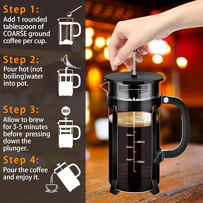 YMMIND French Press Coffee Maker 304 Stainless Steel Coffee Press,with 4 Filters System, Heat Resistant Thickness Borosilicate French Press Glass, BPA-Free Brewed Tea Pot Coffee Plunger(Copper 12oz)