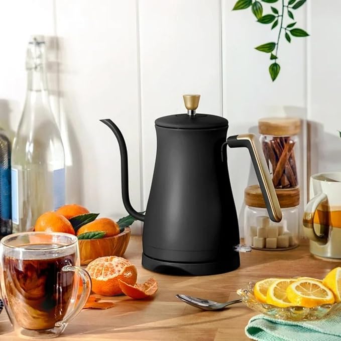 Electric Gooseneck Kettle 1 Liter 1200W, Stainless Steel, Pour Over Coffee Tea, Auto Shut-Off, 360° Cordless Power Base (Black Sesame)