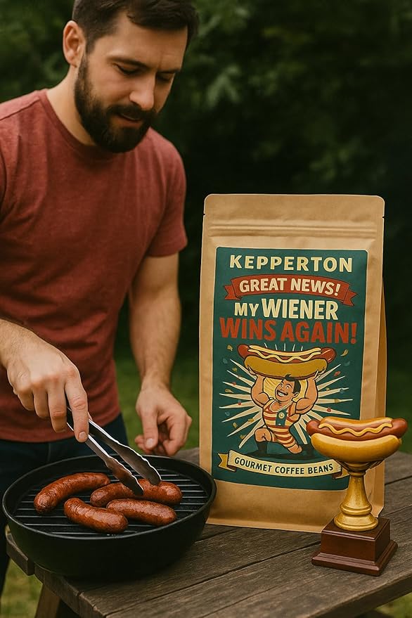My Wiener Wins Again Gag Gift for Caffeine Fiends Coffee Gifts for Men & Hot Dog Lovers, Weird Basket Stuffers for Birthdays or Holidays, Resealable Bag, Whole Bean