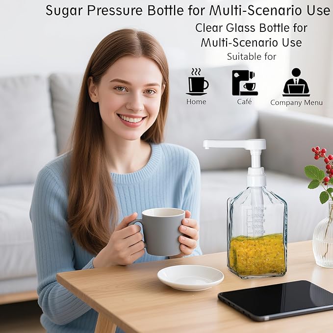 Uceoo Coffee Syrup Dispenser, Glass Syrup Bottle With Plastic Pump, 37 Oz Large Capacity Square Syrup Pump Dispensers for Coffee Bar, Simple Clear Pump Bottle for Honey, Condiments, Salad Dressings