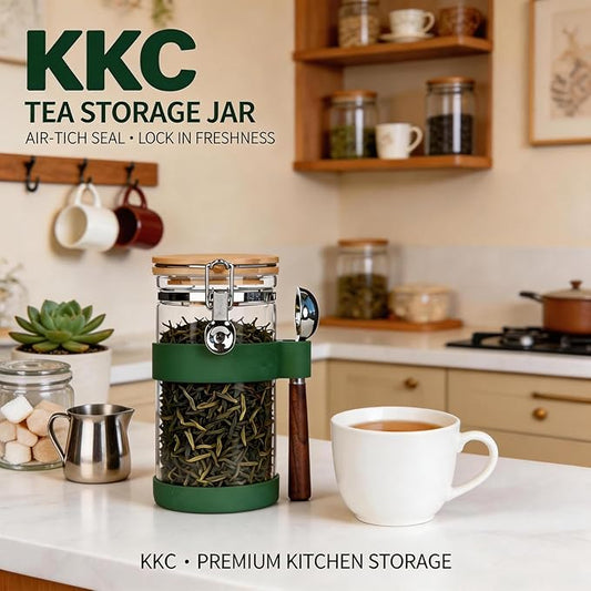 Glass Tea Canister with Airtight Bamboo Lid and Spoon - 40oz (1200ml) Storage Jar for Loose Leaf Tea - Clear Pantry Container Preserves Freshness and Flavor