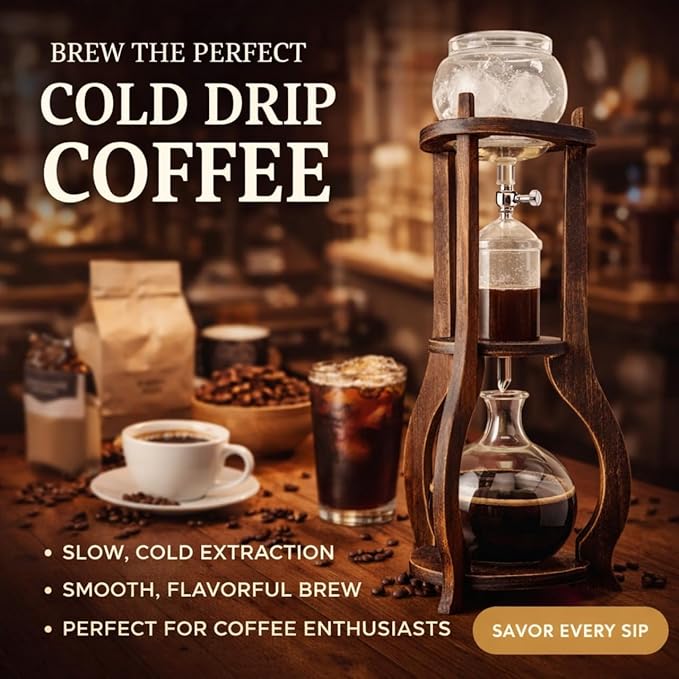 Nispira Iced Coffee Cold Brew Drip Tower Coffee Maker, 6–8 Cup Manual Cold Brew Brewer with Adjustable Valve, Wooden Frame & Glassware, Slow Cold Extraction System