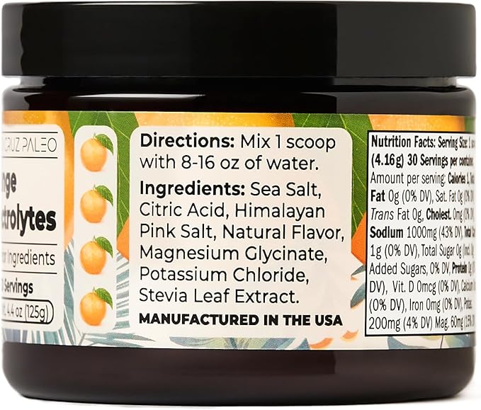 Santa Cruz Paleo Electrolyte Powder, Orange Flavor, Sugar Free Hydration Drink Mix with Himalayan Pink Salt, Sea Salt, Magnesium Glycinate, Potassium Chloride, Sweetened with Stevia, 30 Servings