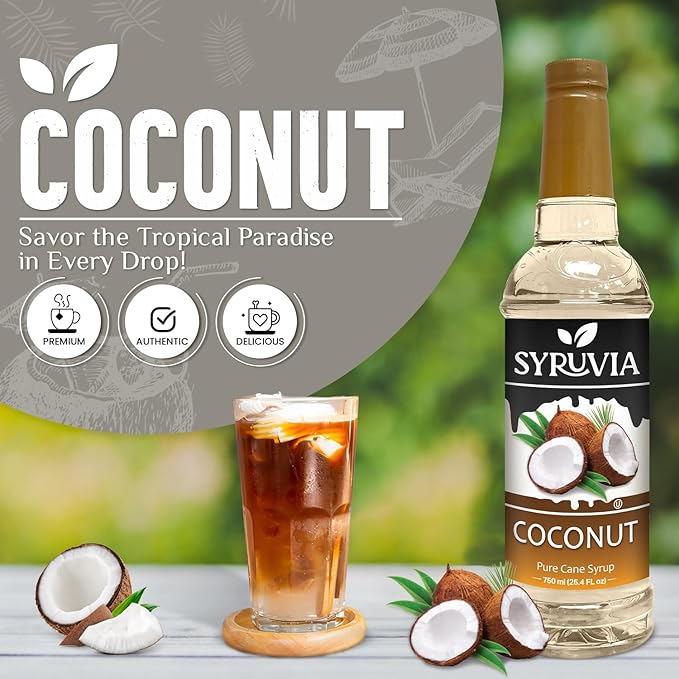 Syruvia Coffee Syrup, Coconut Flavored Syrup for Drinks, Lattes, and Desserts – 25.4 fl oz, With Pump