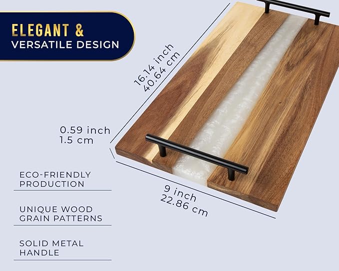 Comfify Visually Stunning Pearl White Resin + Acacia Wood Charcuterie Serving Board with Handles - 16x9 Serving Tray for Food, Breakfast in Bed, Coffee Table, Decor, Organization, Snacks, Patio, BBQ