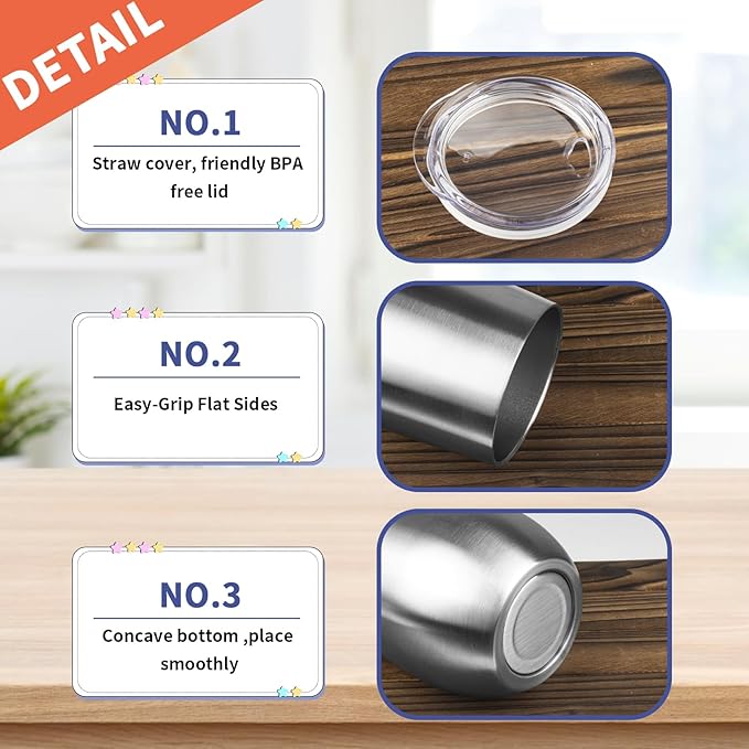 StarSpeed 12oz/8 Pack Wine Tumbler with lid, Stainless Steel Travel Mugs Stemless Double Wall Insulated Coffee Cup, Insulated Wine Glasses Travel Tumbler for Cold & Hot Drinks(Silver, 8)