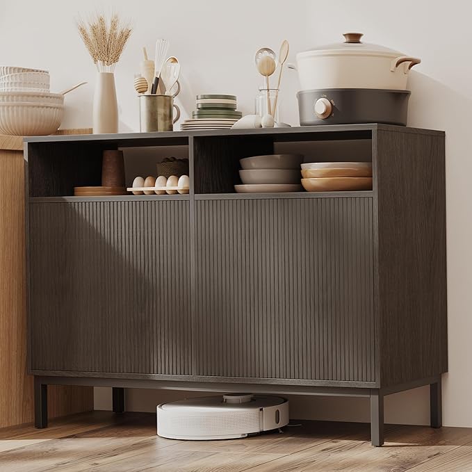 Mericonia Farmhouse Buffet Sideboard Cabinet with Storage, Fluted Coffee Bar with Doors and Adjustable Shelves, Modern Wood Console Cabinet for Kitchen, Livingroom (Fluted 4 Door, Grey)
