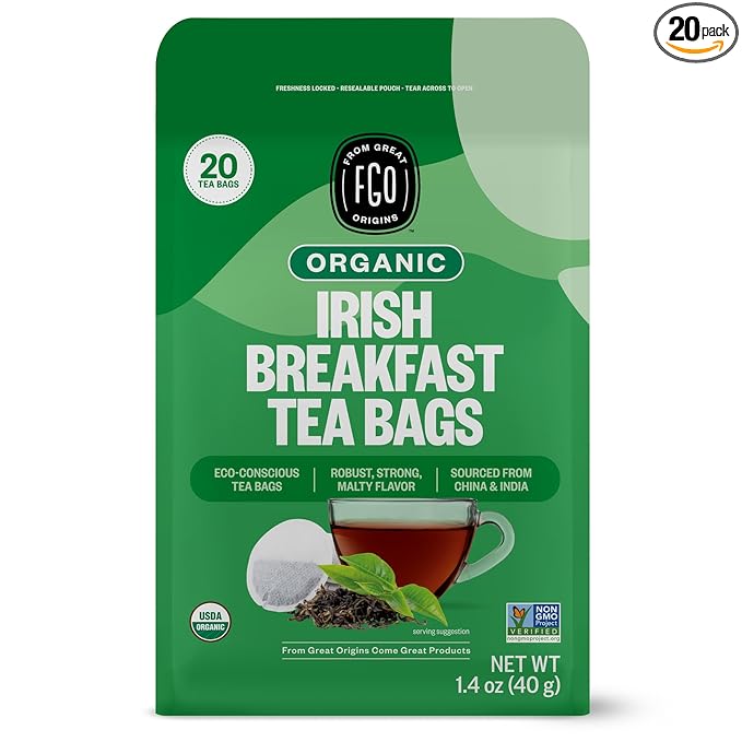 FGO Organic Irish Breakfast Tea, 20 Count, Eco-Conscious Tea Bags (Pack of 1)