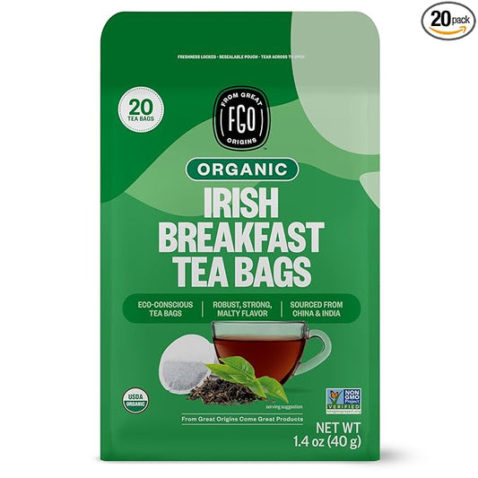 FGO Organic Irish Breakfast Tea, 20 Count, Eco-Conscious Tea Bags (Pack of 1)