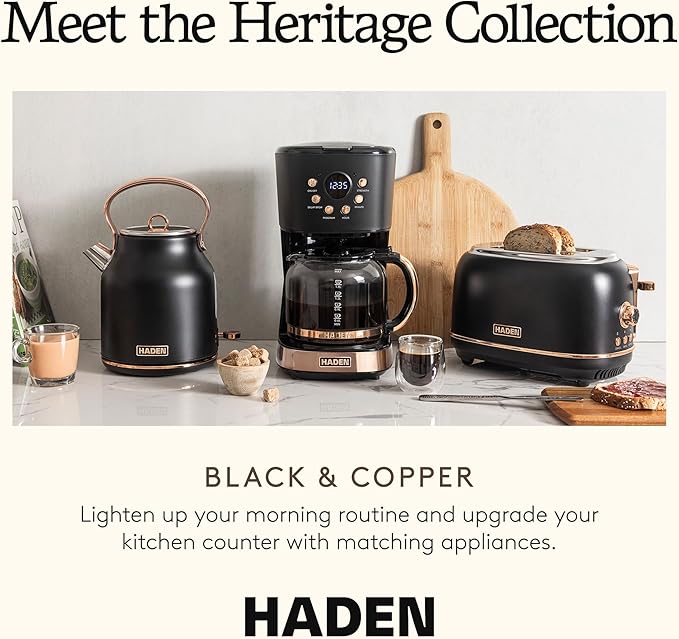 HADEN Coffee Machine, 12 Cup Programmable Drip Coffee Maker with Auto Shut-Off Function and Reusable Washable Water Filter, Black & Copper