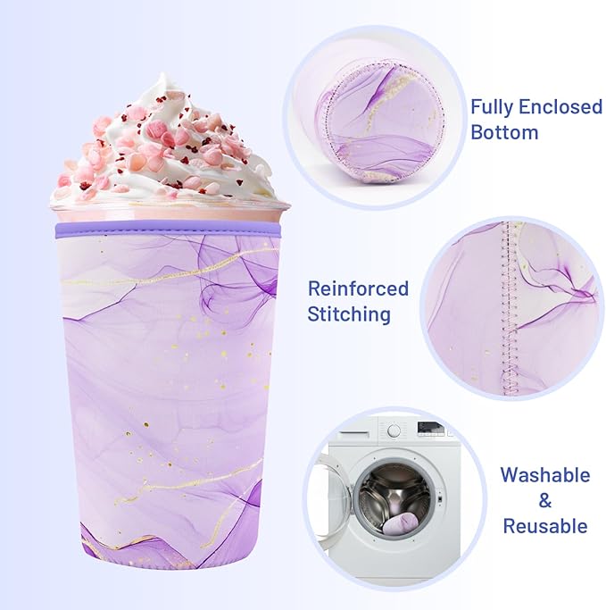Iced Coffee Sleeve Reusable Cup Sleeves for Cold Drinks Neoprene Koozie Cozy Plastic Cup Covers for Drinks, Purple Marble
