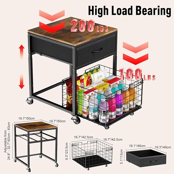 Housolution Mobile Mini Fridge Stand with Storage, Height-Adjustable Mini Beverage Fridge Table, Coffee Bar, 200 lbs Heavy-Duty Compact Refrigerator Shelf with Rolling Cabinet for Kitchen Home Office