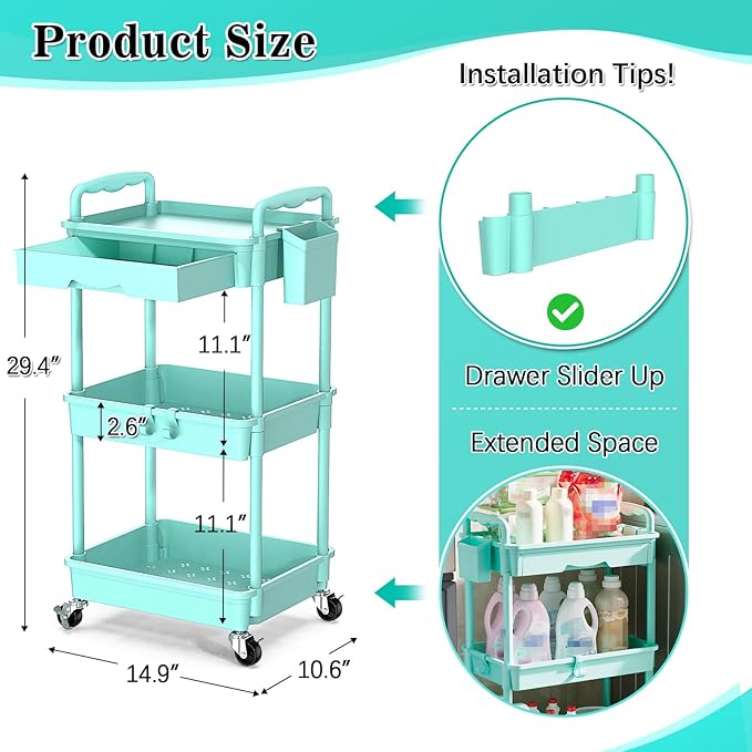 3-Tier Rolling Cart with Drawer & Lockable Wheels, Bathroom Storage Organizer Multifunctional Rolling Storage Cart for Bathroom, Kitchen, Office, Craft, Makeup, Baby Essentials, Blue