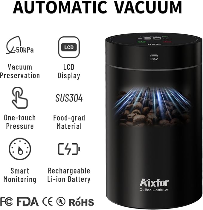 Smart Vacuum Coffee Canister, Automatic Stainless Steel Food Storage Container, LCD Monitoring, One-touch Freshness, Date Tracker, Extra-long Standby Time, holds 20oz Coffee Beans (Black, 1.8L)
