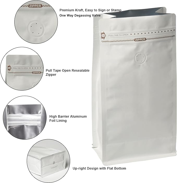 White Kraft Coffee Bags with Side Gusset, Resealable Stand-Up Coffee Pouches with Side Zipper, Degassing Valve for Coffee (Size: 5.75 x 13.25", 32oz/2lb, Pack of 100)