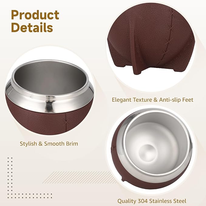 2PCS Yerba Mate Cup, 6 oz Stainless teel Mate Cup with Straw, Double Wall Vacuum Insulated Yerba Mate Gourd for Traditional Mate Tea Drinking (Brown-A)