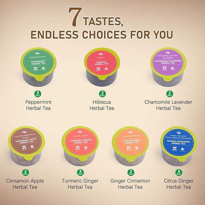 Decaf & Soothing Herbal Tea Gift Set - Relaxing Chamomile Lavender, Cinnamon Apple & Hibiscus Tea, Assorted Variety Tea Gift Set for Women, 7 Flavors, 16Pods